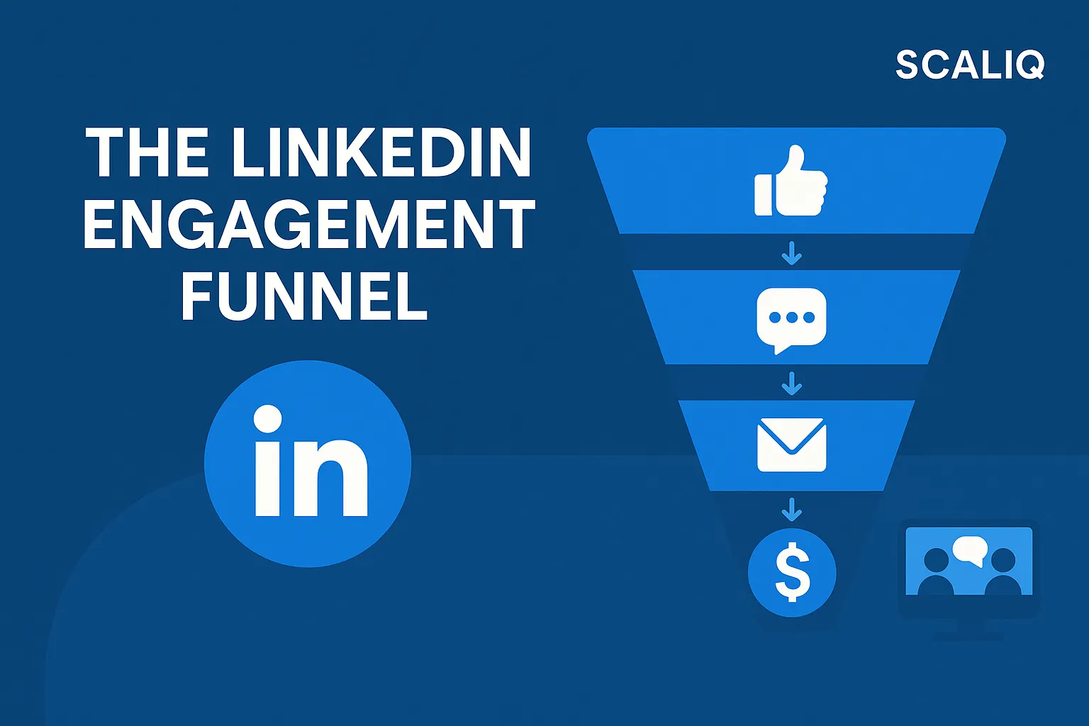 LinkedIn engagement flow from post reactions to comments, DMs, meetings, and B2B pipeline growth