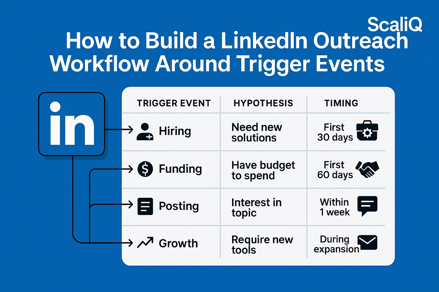 LinkedIn outreach workflow diagram using trigger events to time and personalize sales messages