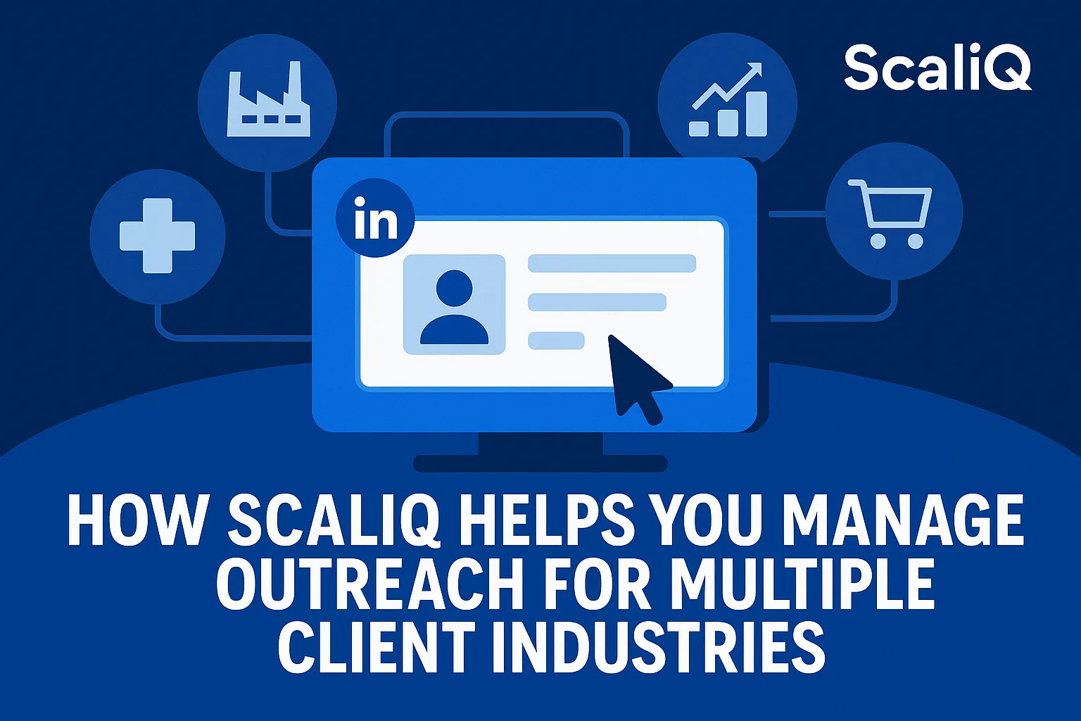A professional analyzing LinkedIn outreach data on a laptop, with charts and graphs representing multiple client industries.